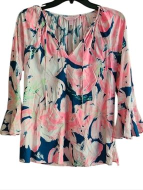 Lilly Pulitzer Willa Flounce 3/4 Sleeve Tropocal Floral Blouse